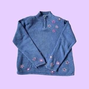 Vintage 90s Christopher & Banks Blue Embroidered Floral Knit Pull Over Sweater🔥